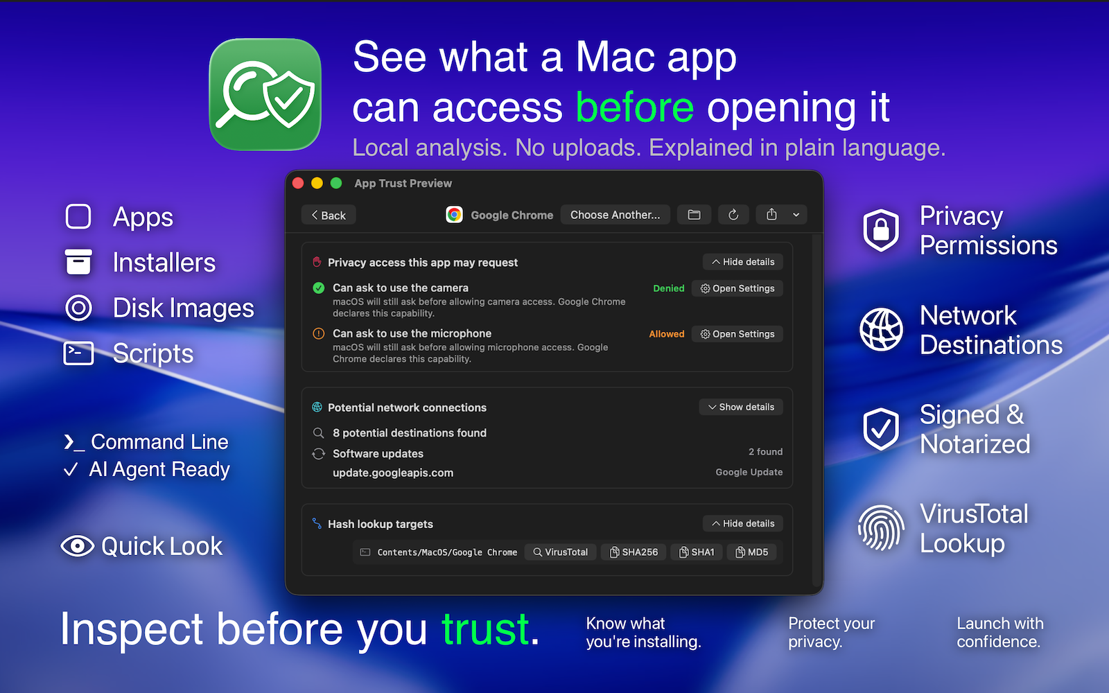 App Trust Preview mostrando um relatório com fortes sinais de segurança e verificações da Apple para um app assinado em sandbox.