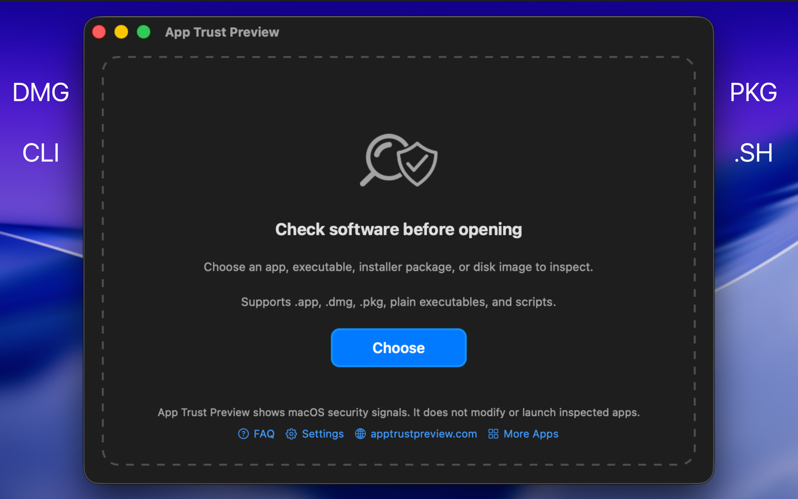 App Trust Preview start screen showing support for app bundles, disk images, installer packages, executables, and scripts.