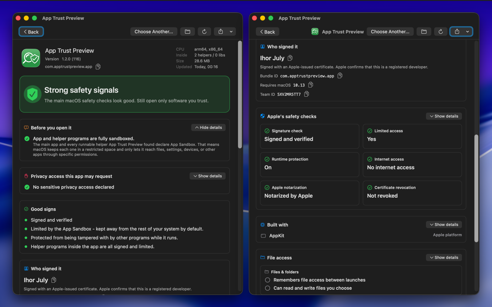 App Trust Preview showing a strong safety report and Apple safety checks for a signed sandboxed app.
