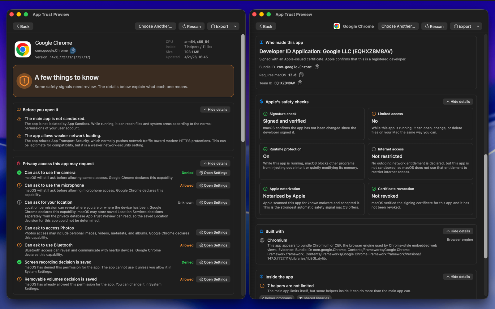 App Trust Preview report for Google Chrome showing privacy decisions, internet access, technology detection, and internal helpers.