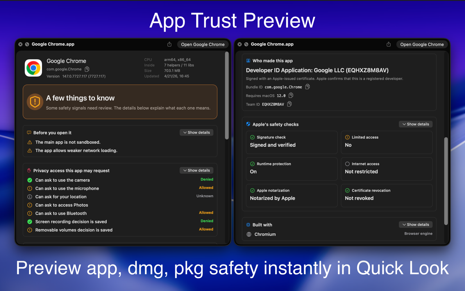 Finder Quick Look preview showing an App Trust Preview report before opening Google Chrome.