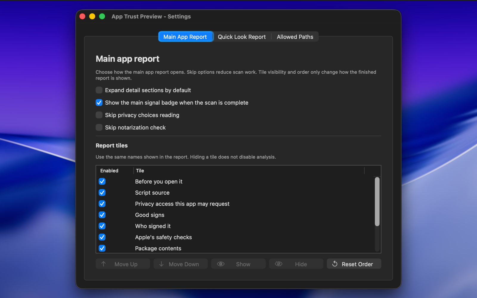 App Trust Preview settings showing main app report options and report tile ordering.
