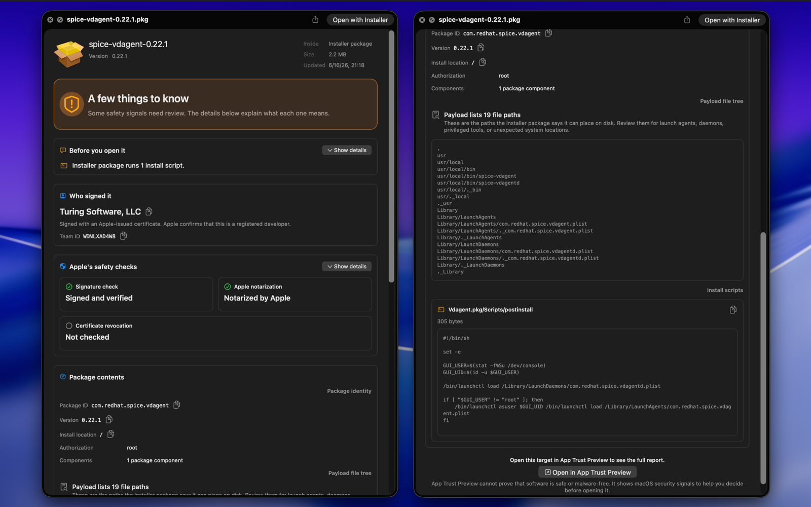 Quick Look package report showing package identity, payload file tree, and install scripts.