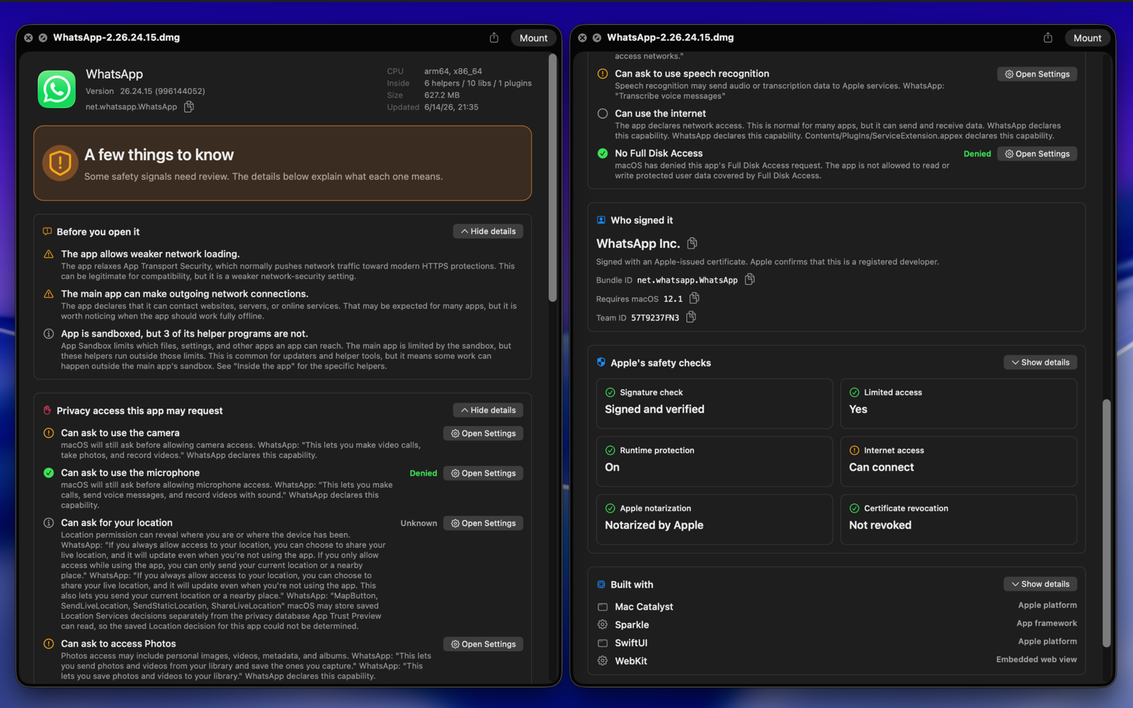 Quick Look disk image report for WhatsApp showing privacy access, signing, internet access, and built with technologies.