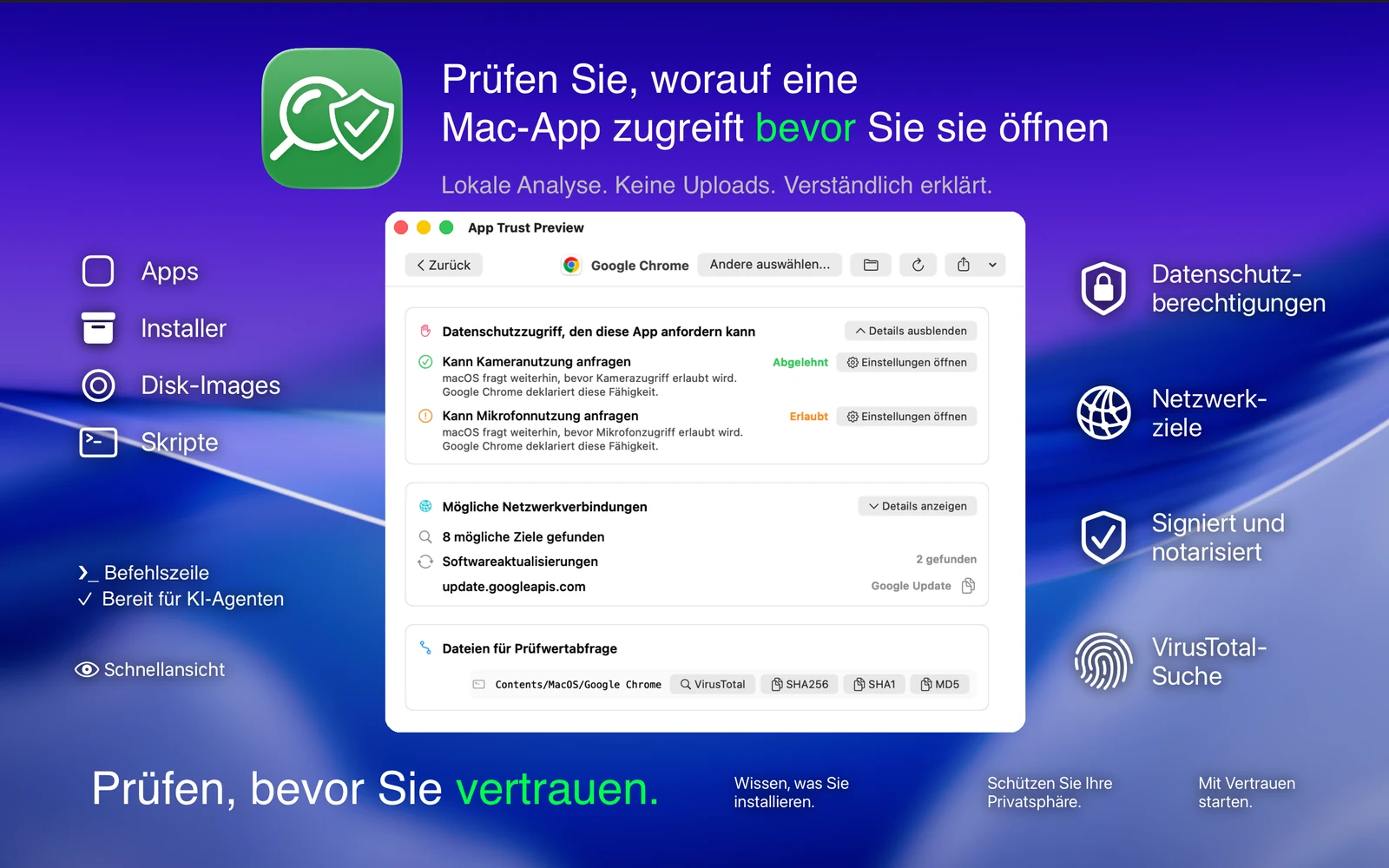 App Trust Preview zeigt einen Bericht mit starken Sicherheitssignalen und Apple-Sicherheitsprüfungen für eine signierte Sandbox-App.