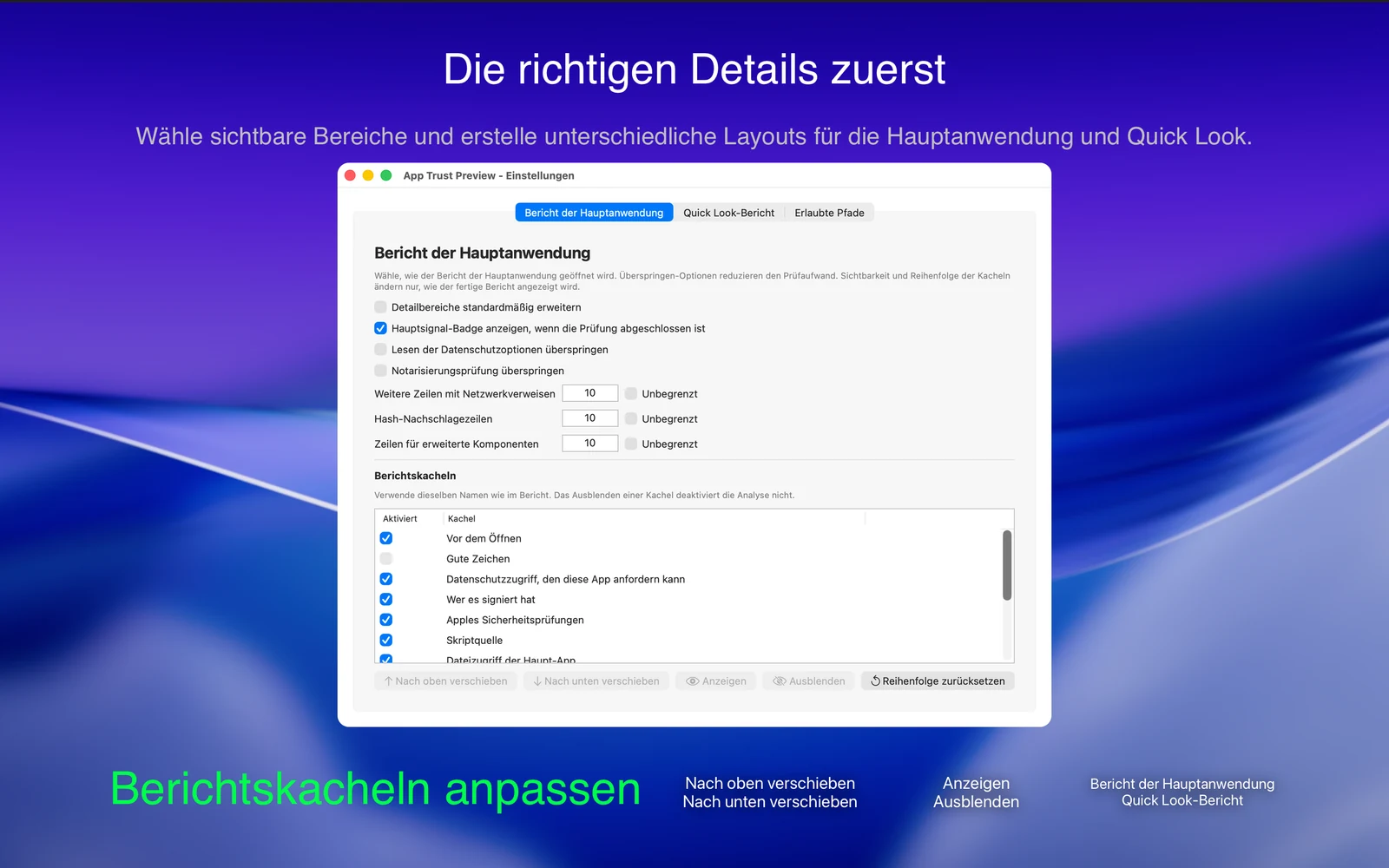 Die Einstellungen von App Trust Preview zeigen Optionen für den Hauptbericht und die Reihenfolge der Berichtskarten.