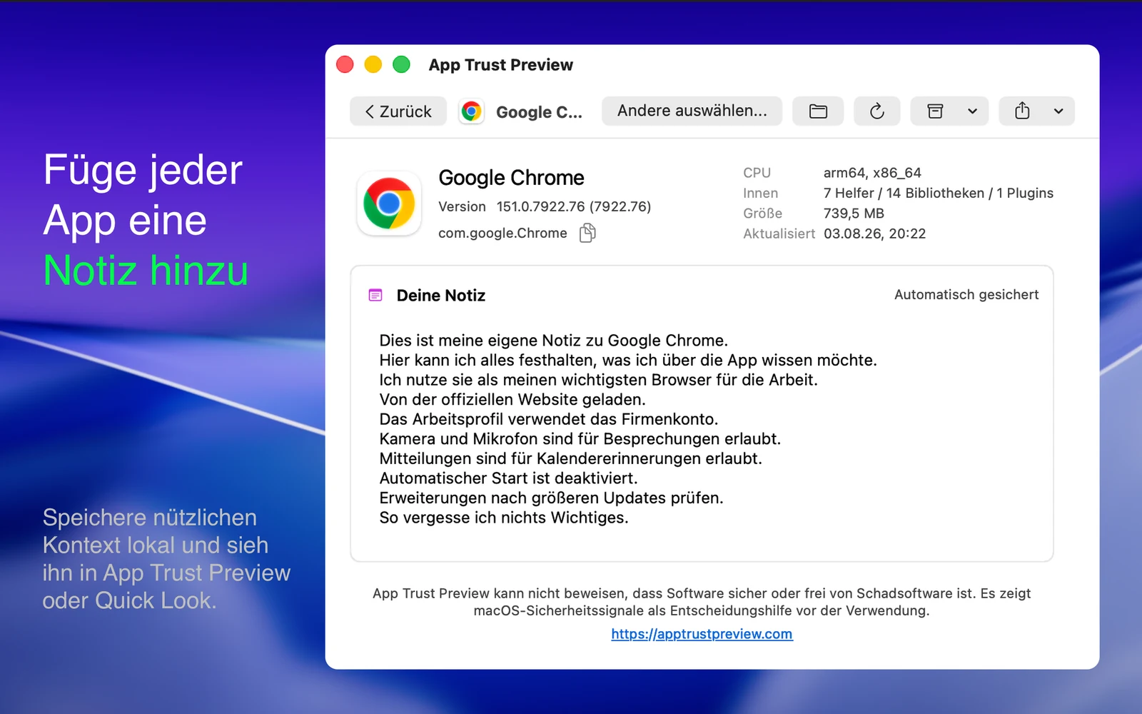 App Trust Preview Bericht mit einer automatisch gespeicherten persönlichen Notiz für Google Chrome.