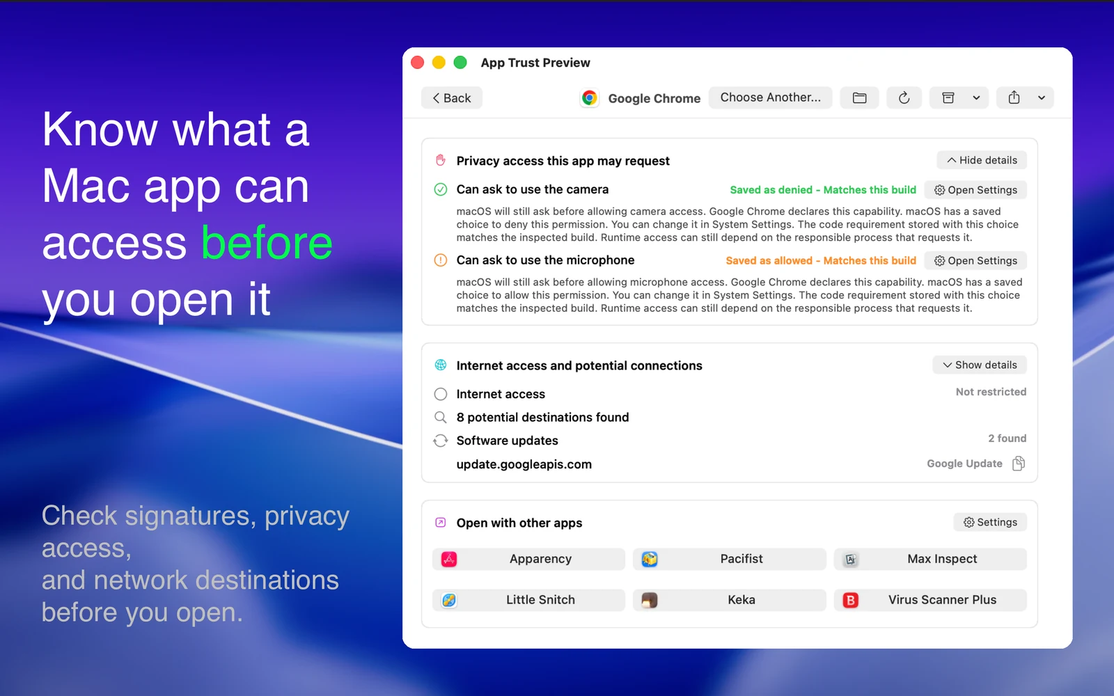 App Trust Preview report showing privacy permissions matched to the inspected build, potential network destinations, and hash lookup actions.