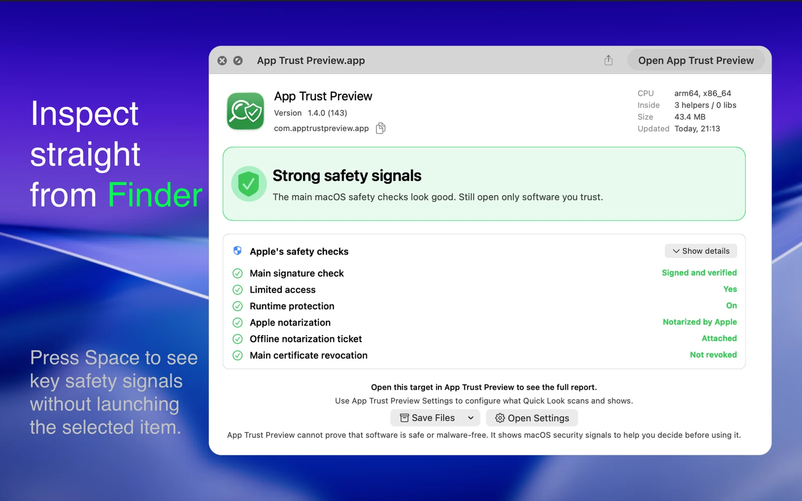 Finder Quick Look preview showing an App Trust Preview report before opening Google Chrome.