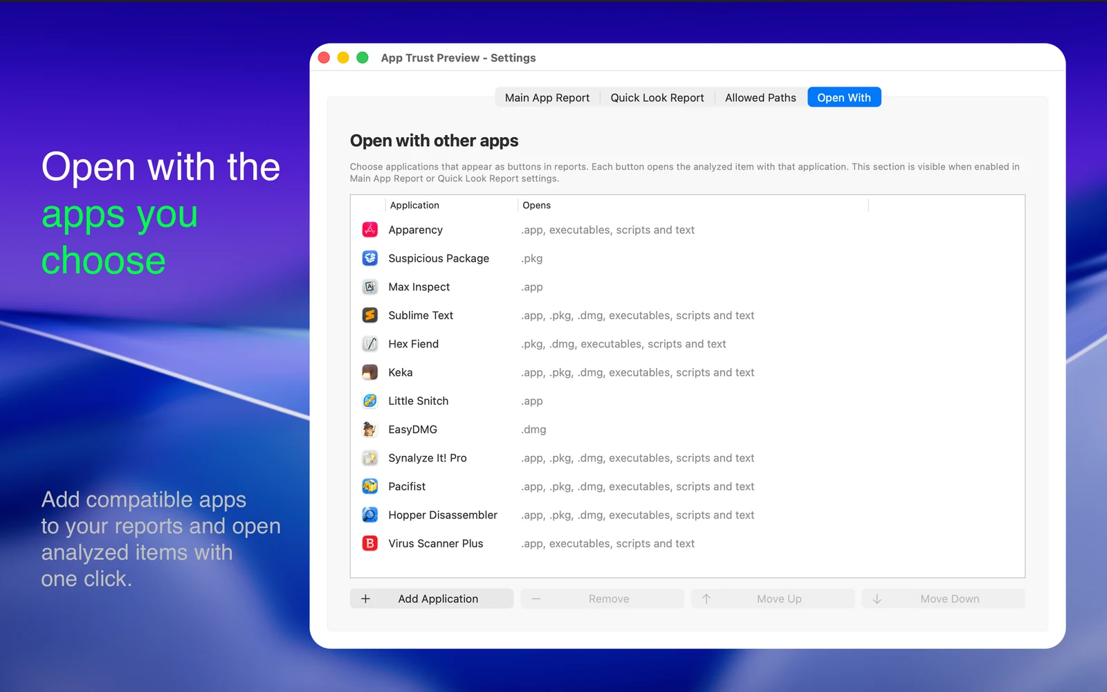 App Trust Preview settings showing the customizable Open with other apps list.