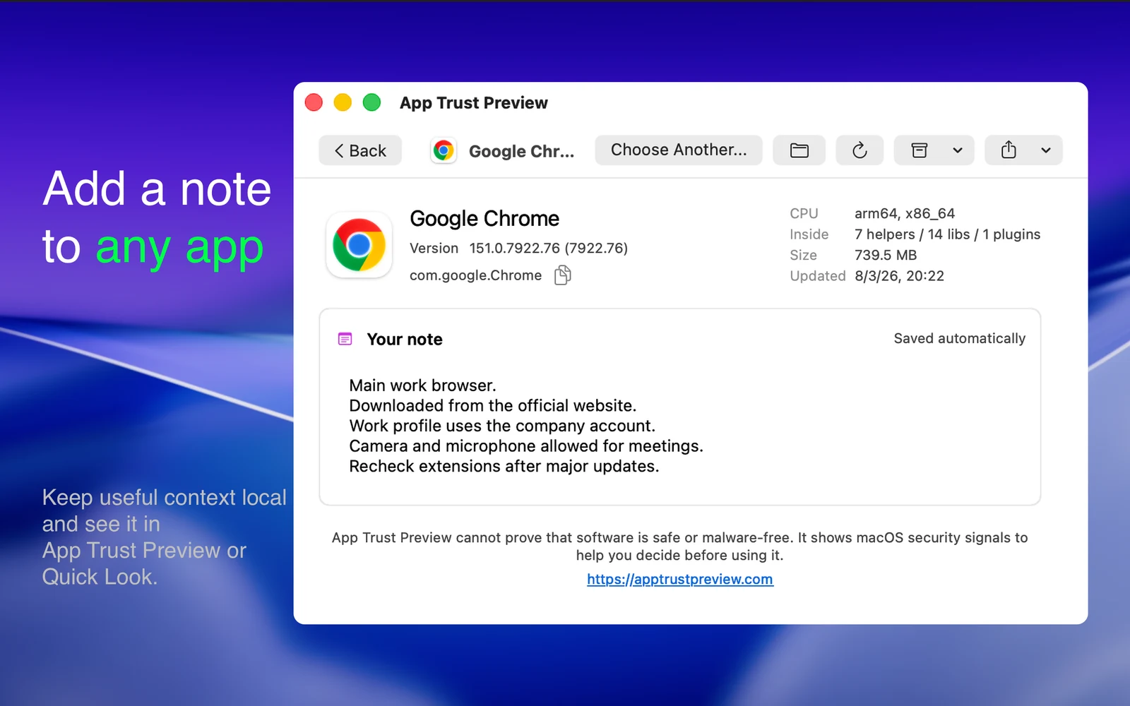 App Trust Preview report showing an automatically saved personal note for Google Chrome.