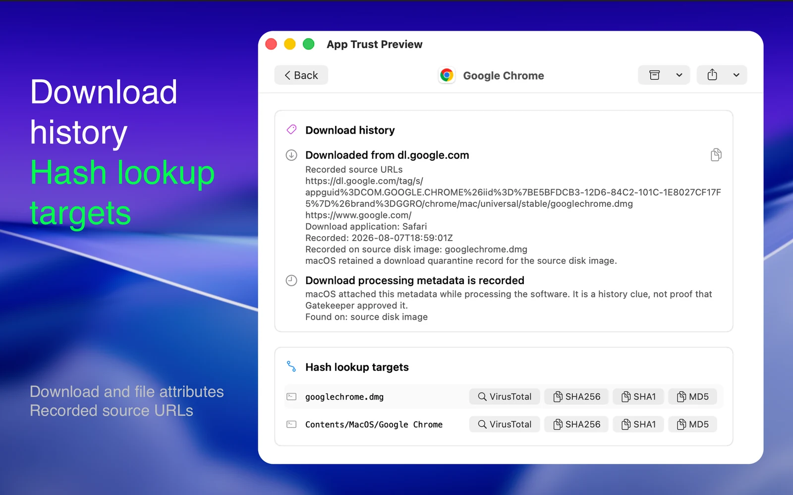 App Trust Preview report showing download history, source URLs, macOS processing metadata, and hash lookup targets.