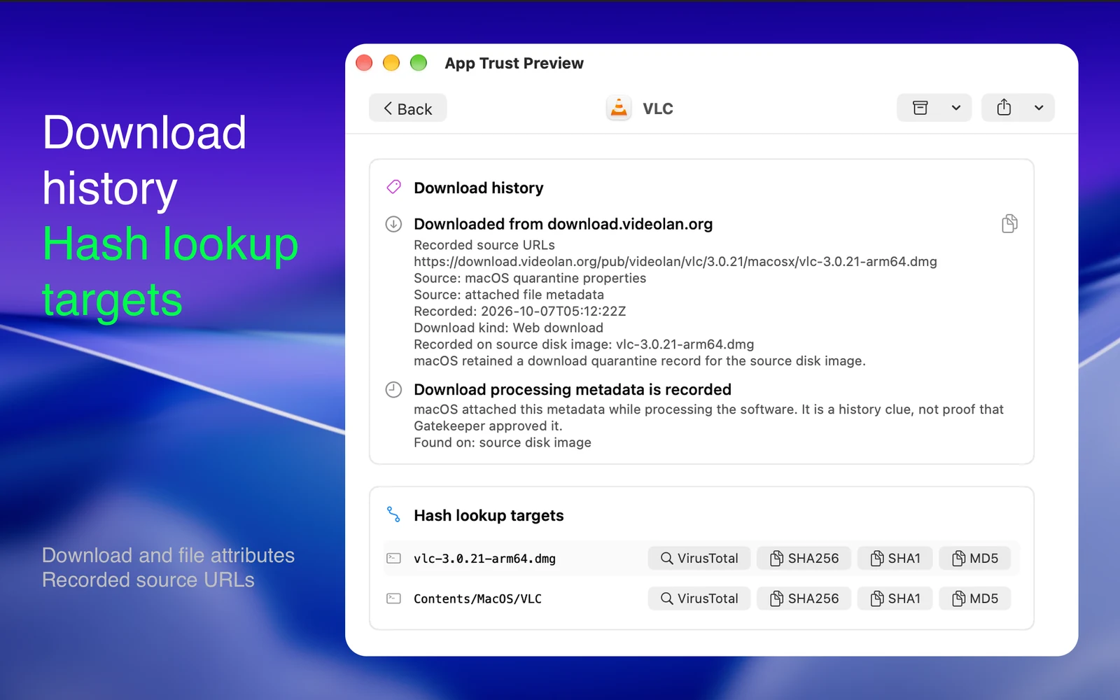 App Trust Preview report showing download history, source URLs, macOS processing metadata, and hash lookup targets.