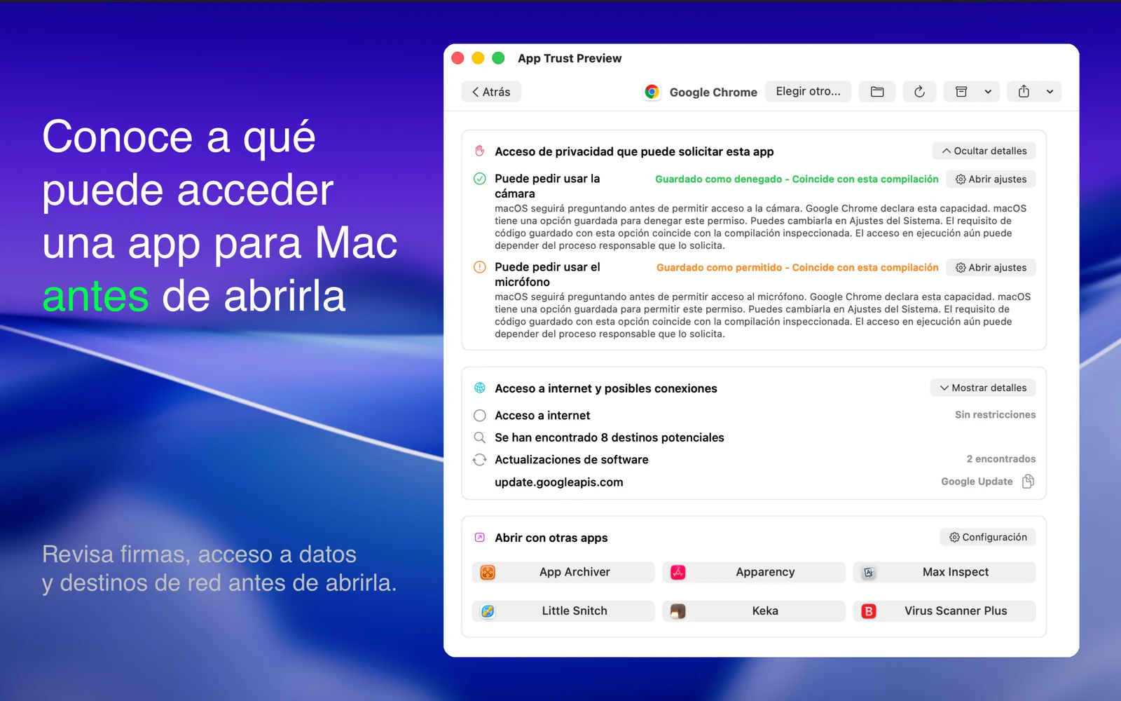 Informe de App Trust Preview mostrando permisos de privacidad que coinciden con la compilación inspeccionada, posibles destinos de red y acciones de búsqueda de hashes.