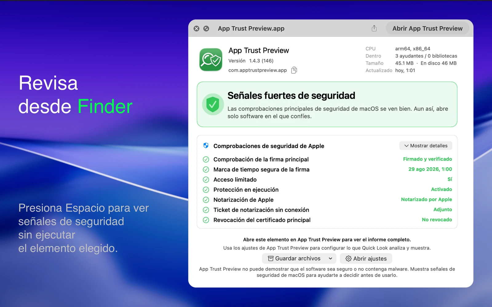 Vista previa de Finder Quick Look mostrando un informe de App Trust Preview antes de abrir Google Chrome.