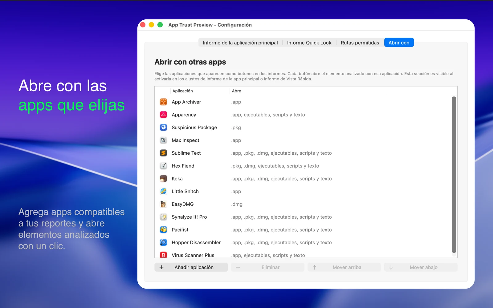 Ajustes de App Trust Preview mostrando la lista personalizable Abrir con otras apps.
