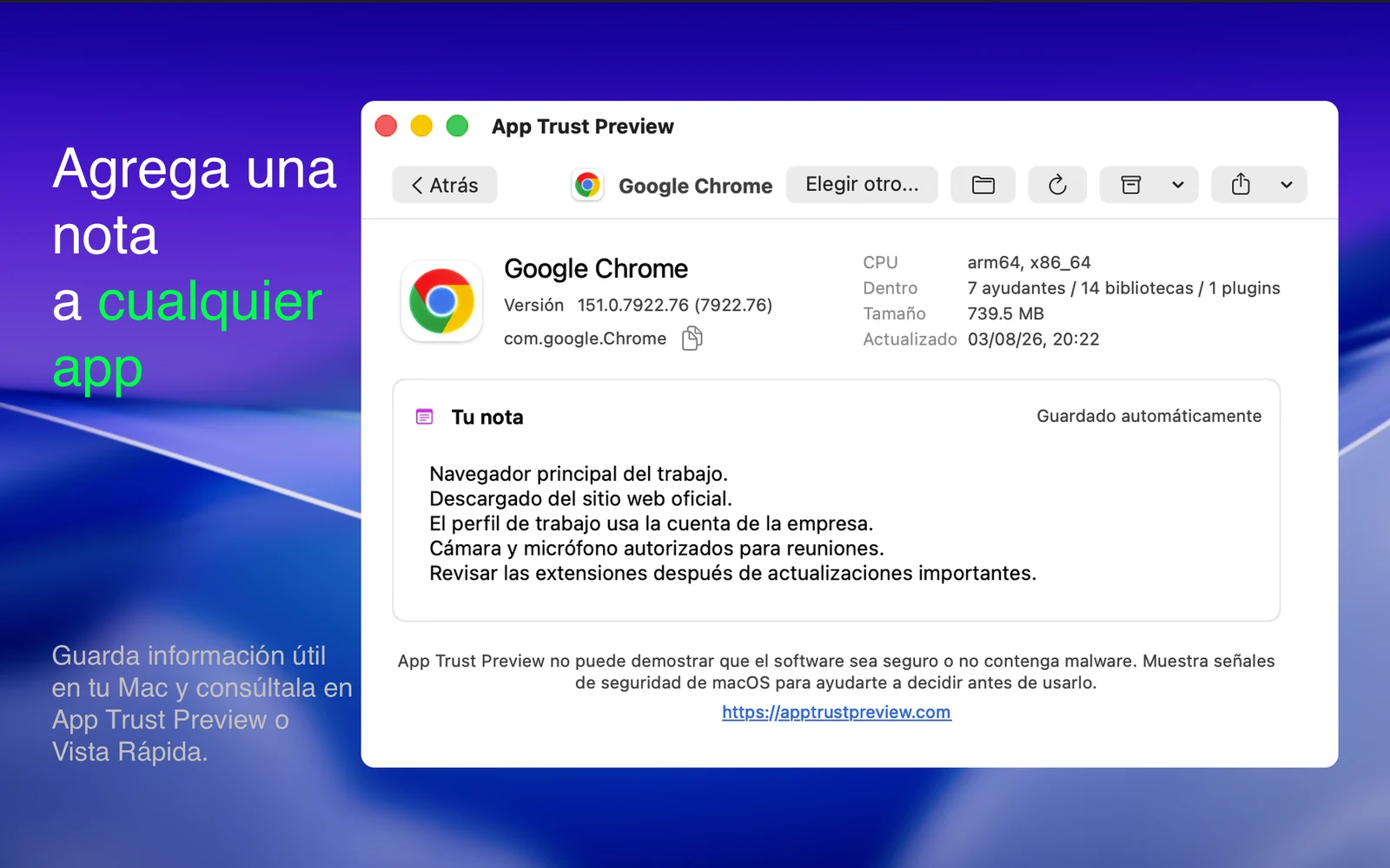 Informe de App Trust Preview mostrando una nota personal guardada automáticamente para Google Chrome.