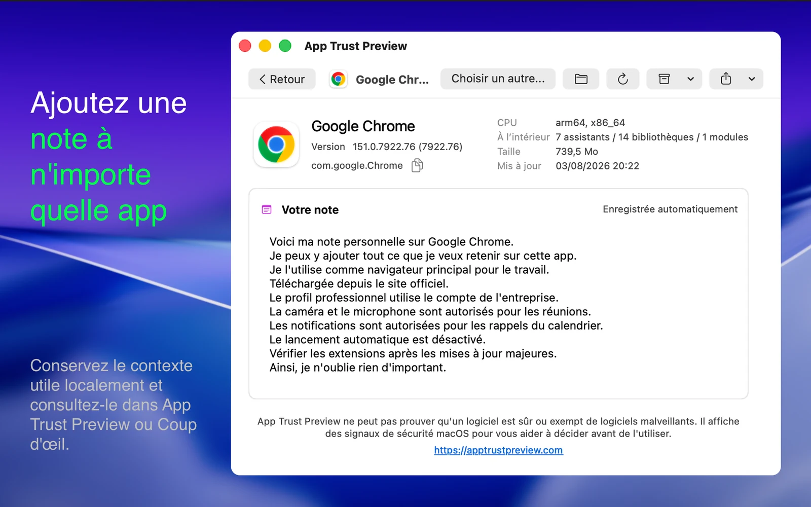 Rapport App Trust Preview affichant une note personnelle enregistrée automatiquement pour Google Chrome.
