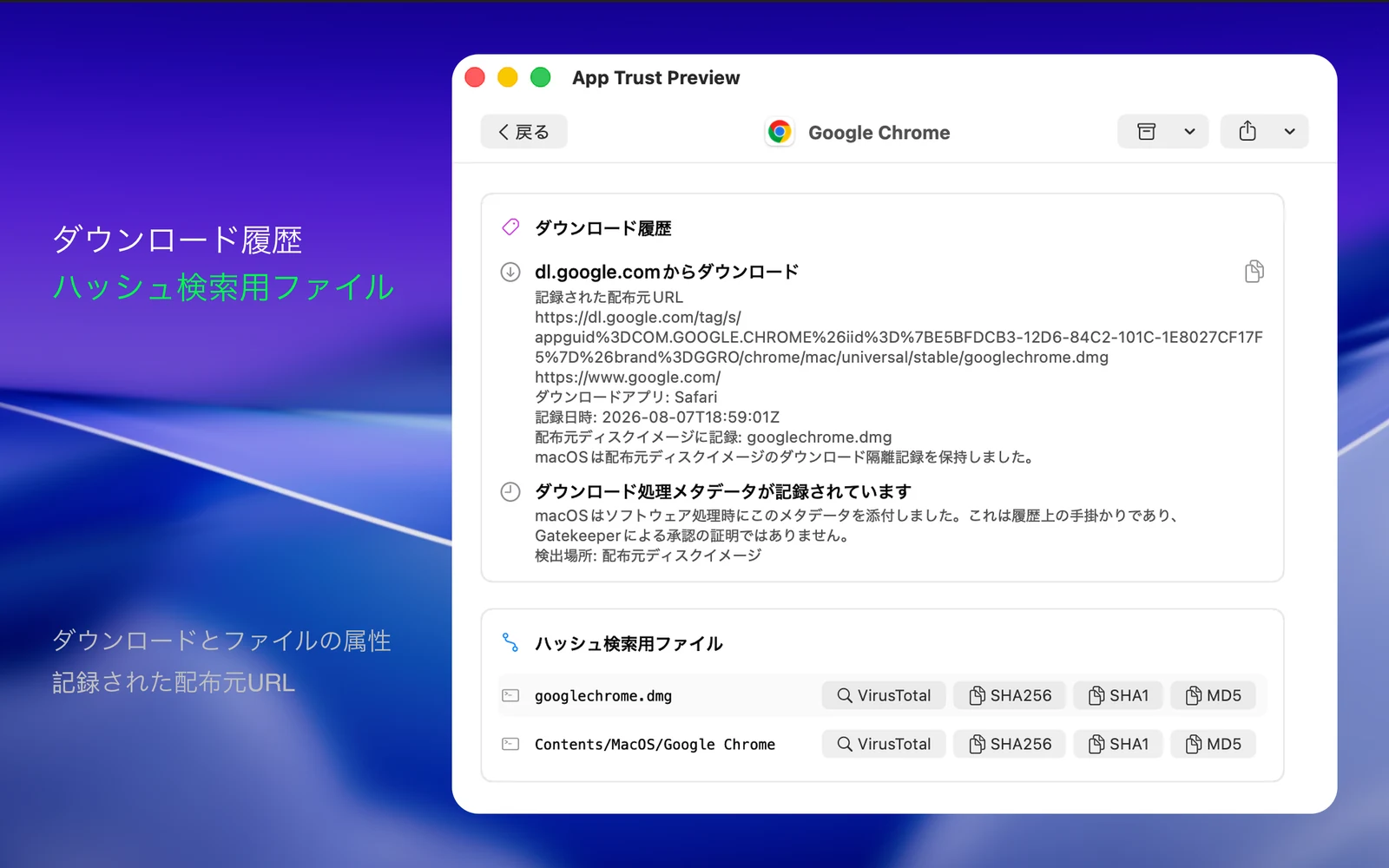 ダウンロード履歴、ソース URL、macOS の処理メタデータ、ハッシュ検索対象を表示する App Trust Preview レポート。