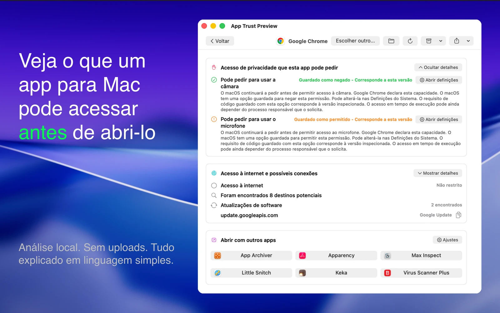 Relatório do App Trust Preview mostrando permissões de privacidade correspondentes à compilação inspecionada, possíveis destinos de rede e ações de consulta de hash.