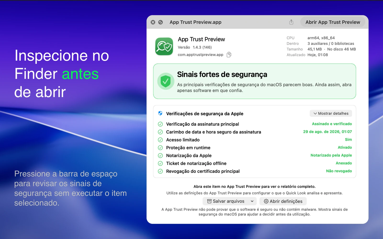 Prévia do Finder Quick Look mostrando um relatório do App Trust Preview antes de abrir o Google Chrome.