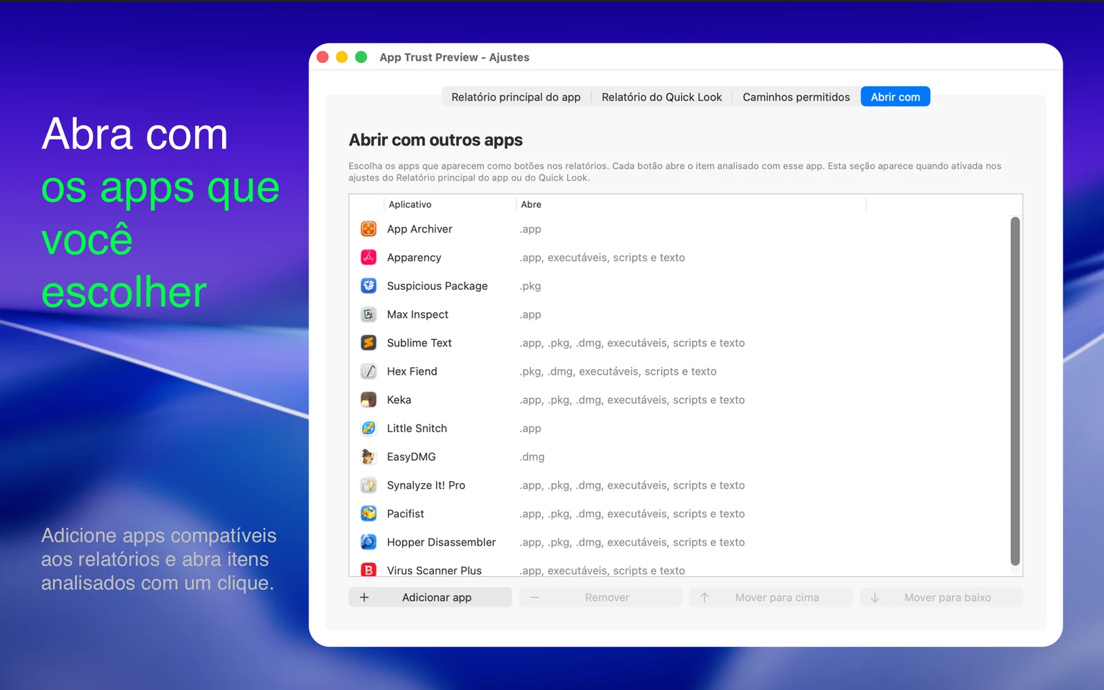 Ajustes do App Trust Preview mostrando a lista personalizável Abrir com outros apps.