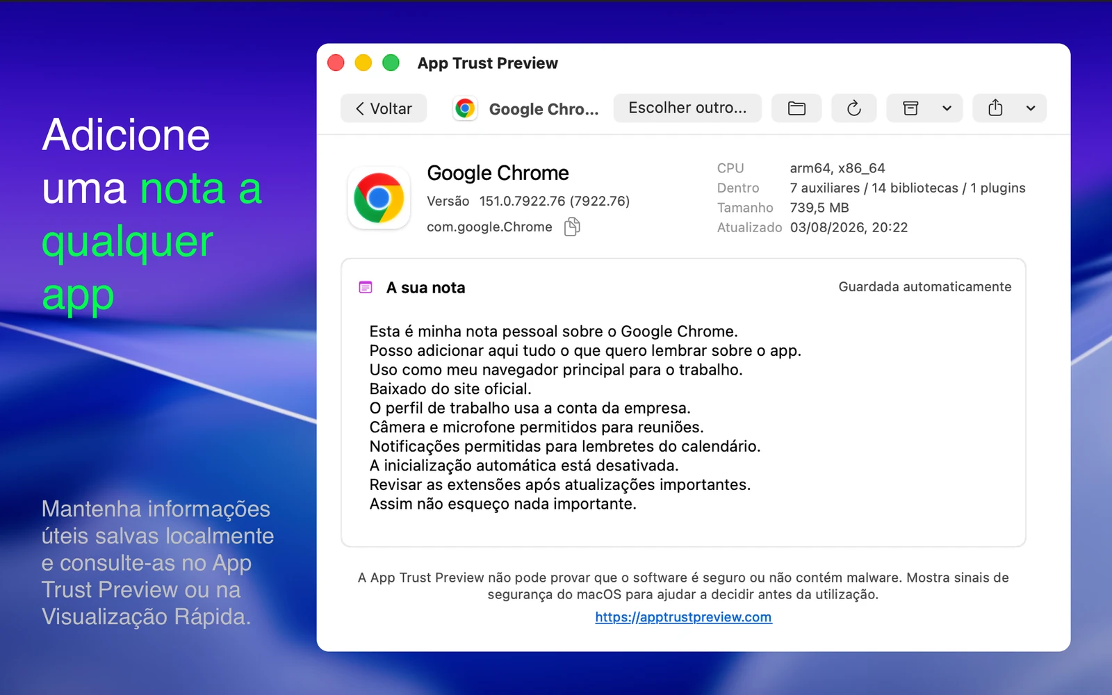Relatório do App Trust Preview mostrando uma nota pessoal salva automaticamente para o Google Chrome.